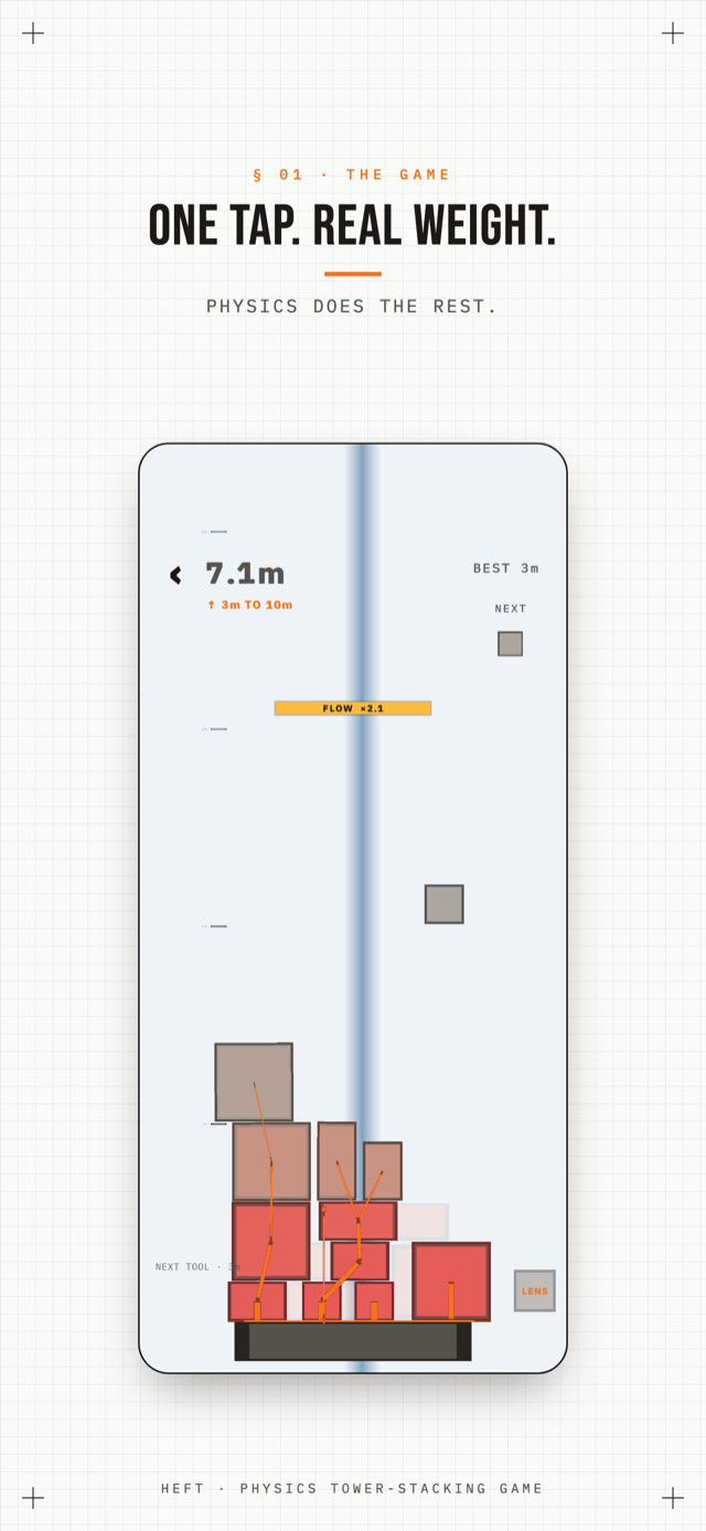 HEFT · one tap drops a block and real weight does the rest